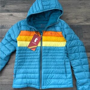 NWT Cotopaxi Women's Fuego Hooded Puffer Jacket with Orange & Yellow Stripes XS